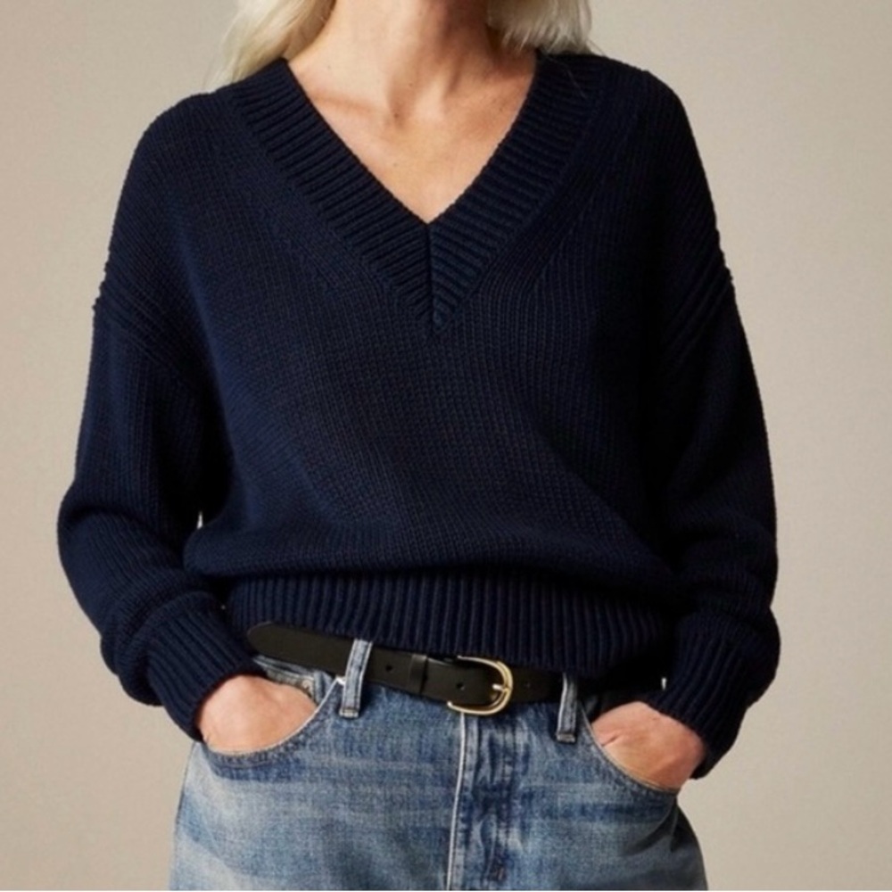 NWOT J. Crew Navy Relaxed V Neck Sweater Size Small 100% Cotton